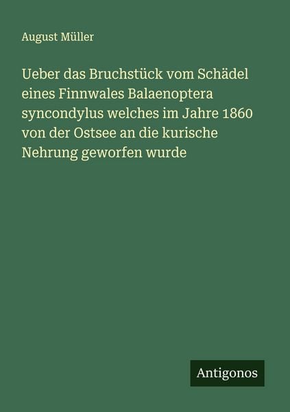 Ueber das Bruchstück vom Schädel eines Finnwales Balaenoptera syncondylus welches im Jahre 1860 von der Ostsee an die kurische Nehrung geworfen wurde,