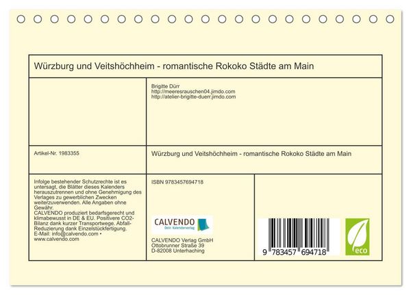 Produktbild: W&uuml;rzburg und Veitsh&ouml;chheim - romantische Rokoko St&auml;dte am Main (Tischkalender 2026 DIN A5 quer), CALVENDO Monatskalender