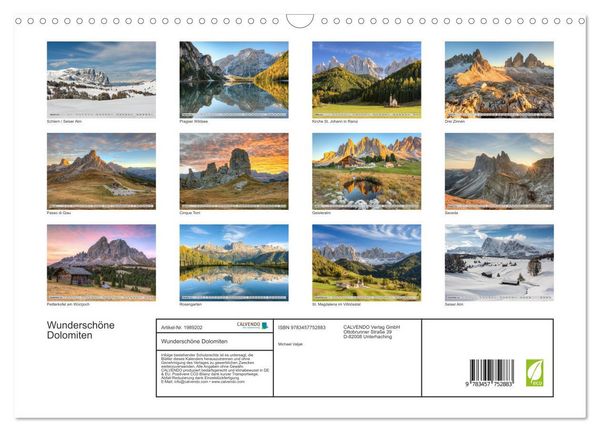 Produktbild: Wundersch&ouml;ne Dolomiten (Wandkalender 2026 DIN A3 quer), CALVENDO Monatskalender