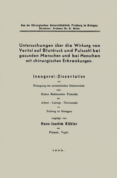 Produktbild: Untersuchungen &uuml;ber die Wirkung von Veritol auf Blutdruck und Pulszahl bei gesunden Menschen und bei Menschen mit chirurgischen Erkrankungen