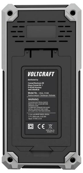 Produktbild: VOLTCRAFT DSA-3100 Hand-Oszilloskop 100 MHz 2-Kanal 500 MSa/s 8 kpts 8 Bit Handger&auml;t, Multimeter-Funktionen, Spectrum-Analyser 1 St.