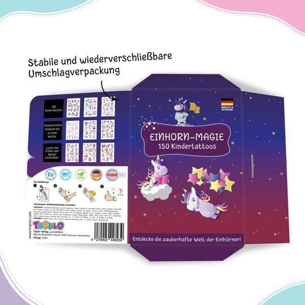 Produktbild: 150 hautfreundliche Kindertattoos &ndash; Thema: Einhorn-Magie