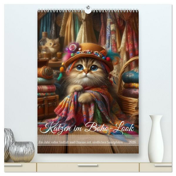 Produktbild: Katzen im Boho-Look - Ein Jahr voller Vielfalt und Charme mit niedlichen Samtpfoten (hochwertiger Premium Wandkalender 2026 DIN A2 hoch), Kunstdruck in Hochglanz