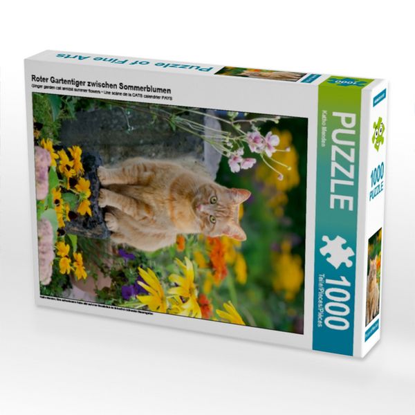 CALVENDO Puzzle Roter Gartentiger zwischen Sommerblumen | 1000 Teile Lege-Größe 64x48cm Foto-Puzzle für glückliche Stunden
