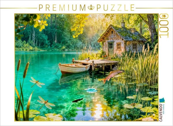 CALVENDO Puzzle Cottage am Weiher mit Fischhütte, Boot und Forelle | 1000 Teile Lege-Größe 64x48cm Foto-Puzzle für glückliche Stunden