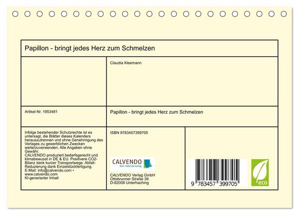 Produktbild: Papillon - bringt jedes Herz zum Schmelzen (Tischkalender 2026 DIN A5 quer), CALVENDO Monatskalender