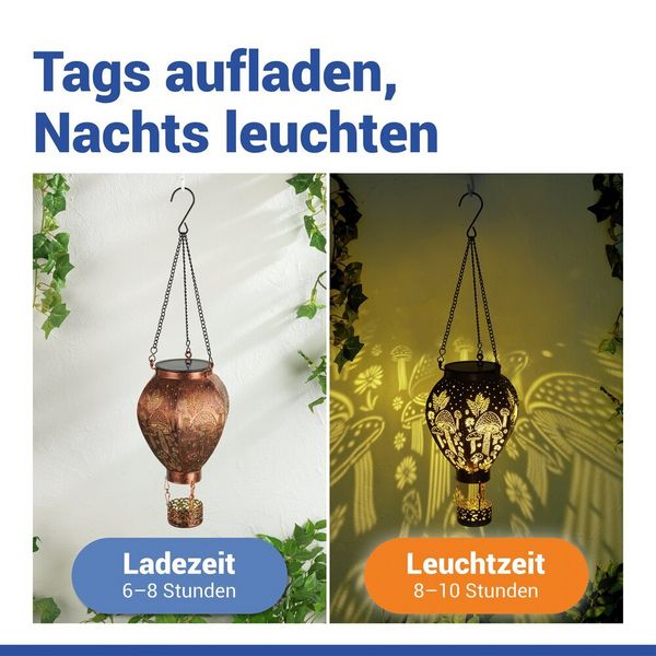 Produktbild: LED Solar-Hei&szlig;luftballon in Bronze-Optik, mit Pilzmuster-Lichtprojektion