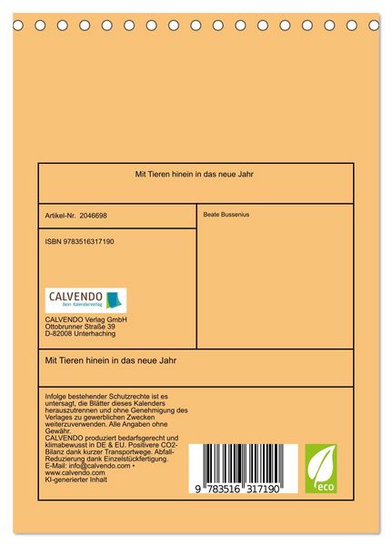 Produktbild: Mit Tieren hinein in das neue Jahr (Tischkalender 2026 DIN A5 hoch), CALVENDO Monatskalender