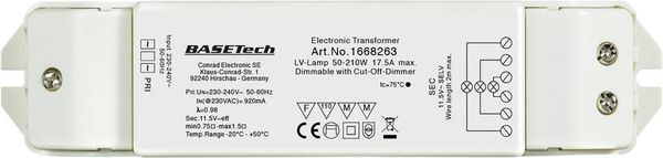 Basetech BT-1668263 Halogen Transformator 12V 50 - 210W dimmbar mit Phasenabschnittdimmer