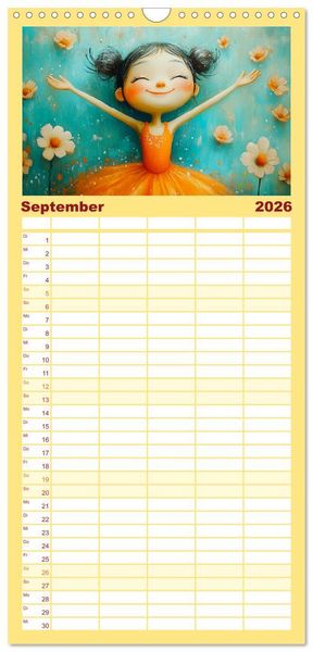 Produktbild: Familienplaner 2026 - Fr&ouml;hliche Kinder. Bezaubernde Schulm&auml;dchen im &Ouml;lbilder-Stil mit 5 Spalten (Wandkalender, 21 x 45 cm) CALVENDO