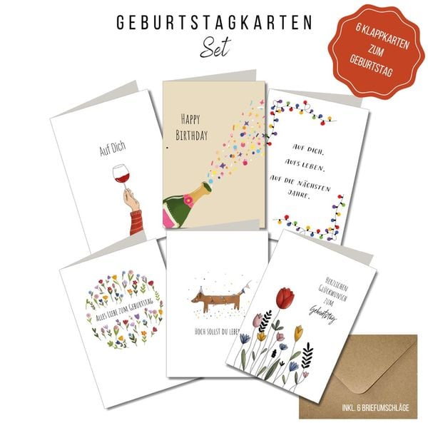 Produktbild: KEITCARDS Geburtstagskarten - handgezeichnete Klappkarten inklusive Briefumschlag, 6er Set