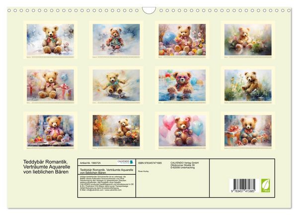 Produktbild: Teddyb&auml;r Romantik. Vertr&auml;umte Aquarelle von lieblichen B&auml;ren (Wandkalender 2026 DIN A3 quer), CALVENDO Monatskalender