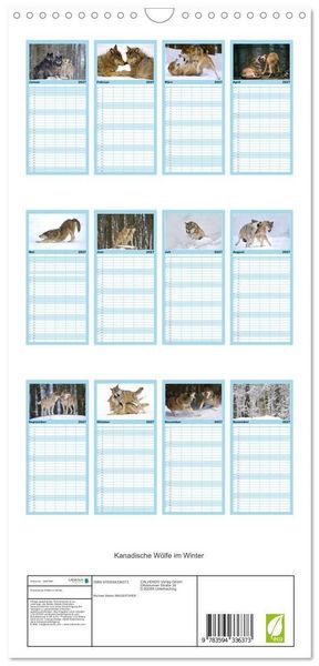 Produktbild: Familienplaner 2027 - Kanadische W&ouml;lfe im Winter mit 5 Spalten (Wandkalender, 21 x 45 cm) CALVENDO