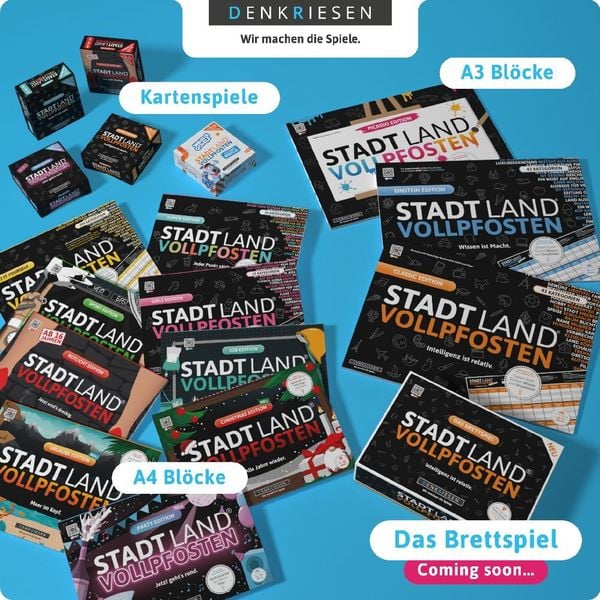 DENKRIESEN - STADT LAND VOLLPFOSTEN® - Das Kartenspiel - PARTY EDITION "Jetzt geht's rund."