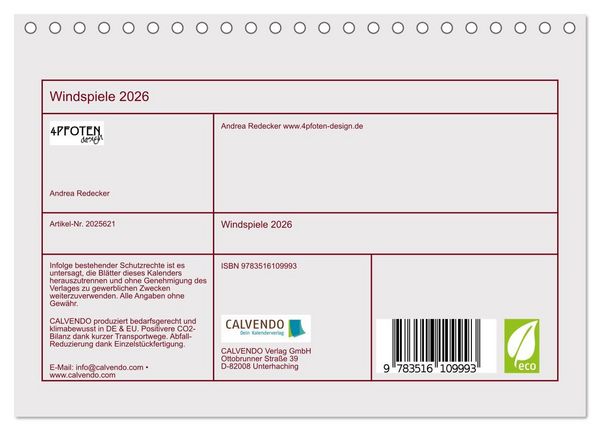 Produktbild: Windspiele 2026 (Tischkalender 2026 DIN A5 quer), CALVENDO Monatskalender