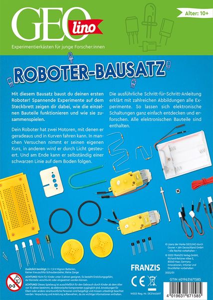 Produktbild: FRANZIS 67158 - GEOlino Roboter Bausatz, Experimentierkasten mit spannenden Roboter-Projekten inkl. Handbuch mit ausf&uuml;hrlicher Anleitung. F&uuml;r Kinder ab 10 Jahren.