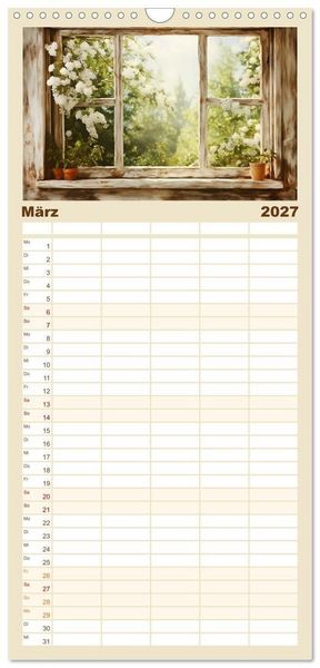 Produktbild: Familienplaner 2027 - Aus dem Fenster geblickt mit 5 Spalten (Wandkalender, 21 x 45 cm) CALVENDO