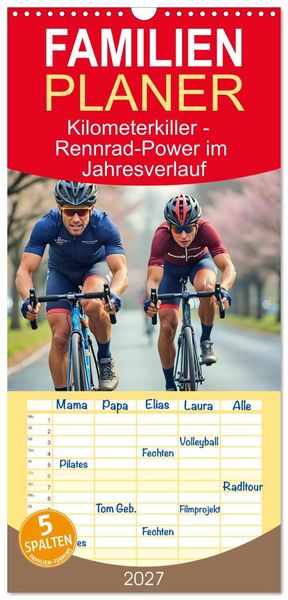 Produktbild: Familienplaner 2027 - Kilometerkiller - Rennrad-Power im Jahresverlauf mit 5 Spalten (Wandkalender, 21 x 45 cm) CALVENDO
