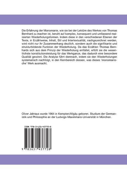 Produktbild: Die Wiederholung als werkkonstitutives Prinzip im Oeuvre Thomas Bernhards