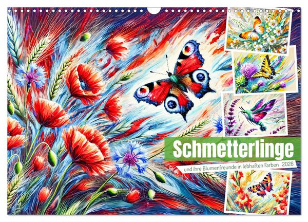 Produktbild: Schmetterlinge und ihre Blumenfreunde in lebhaften Farben (Wandkalender 2026 DIN A3 quer), CALVENDO Monatskalender
