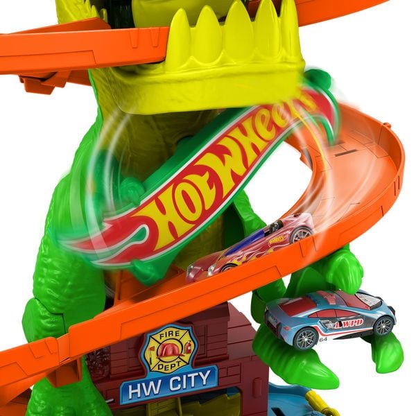 Produktbild: Hot Wheels City T-Rex-Feuerschlacht Spielset und Die-Cast-Spielzeugauto im Maßstab 1:64, gegnerischer Dinosaurier
