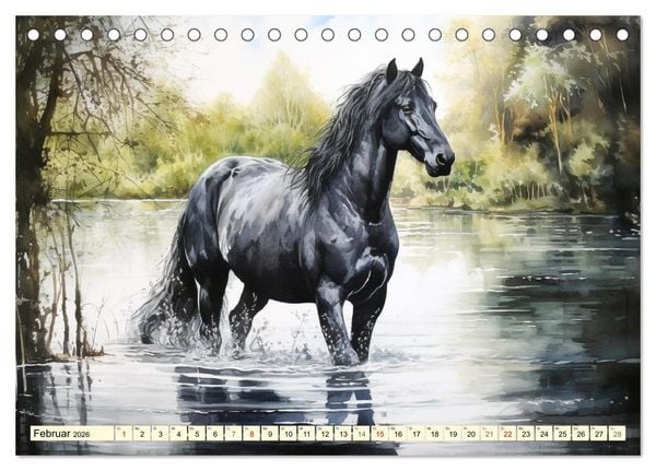 Produktbild: Pferde. Romantische Aquarelle von schwarzen Sch&ouml;nheiten (Tischkalender 2026 DIN A5 quer), CALVENDO Monatskalender