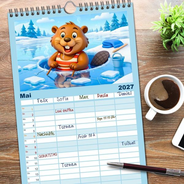 Produktbild: Familienplaner 2027 - Tierischer Wintersport - Lustige Tiere im Schnee mit 5 Spalten (Wandkalender, 21 x 45 cm) CALVENDO