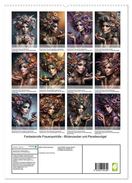 Produktbild: Fantasievolle Frauenportr&auml;ts - Bl&uuml;tenzauber und Paradiesv&ouml;gel (hochwertiger Premium Wandkalender 2026 DIN A2 hoch), Kunstdruck in Hochglanz