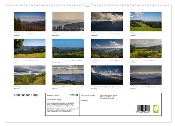 Produktbild: Sauerl&auml;nder Berge (hochwertiger Premium Wandkalender 2026 DIN A2 quer), Kunstdruck in Hochglanz