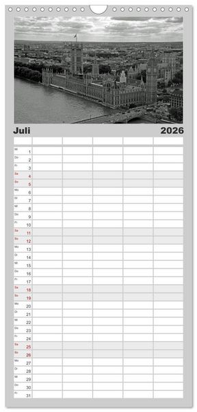 Produktbild: Familienplaner 2026 - London in Schwarz-Wei&szlig; mit 5 Spalten (Wandkalender, 21 x 45 cm) CALVENDO