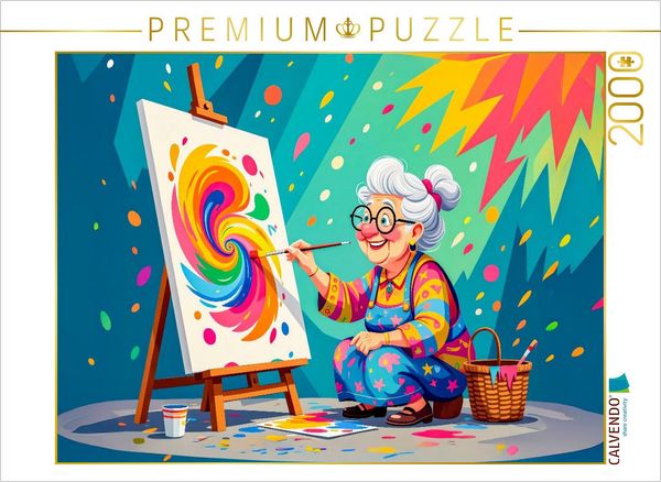 CALVENDO Puzzle Oma malt buntes abstraktes Bild mit Pinsel begeistert | 2000 Teile Lege-Größe 90x67cm Foto-Puzzle für glückliche Stunden