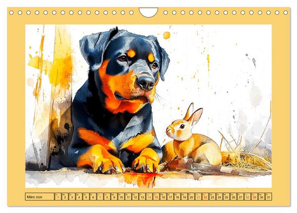Produktbild: Kraftvolle Rottweiler. Stattliche Begleithunde im Aquarell-Stil (Wandkalender 2026 DIN A4 quer), CALVENDO Monatskalender