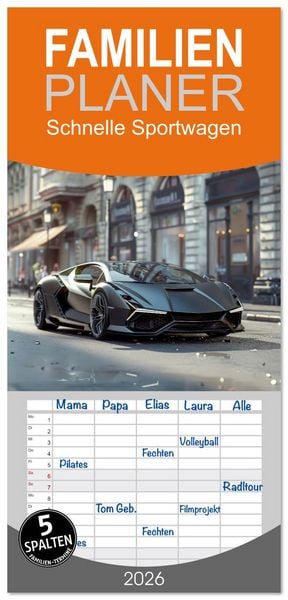 Familienplaner 2026 - Schnelle Sportwagen mit 5 Spalten (Wandkalender, 21 x 45 cm) CALVENDO