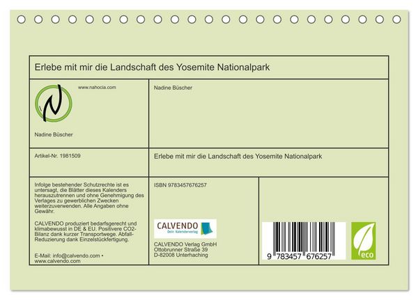 Produktbild: Erlebe mit mir die Landschaft des Yosemite Nationalpark (Tischkalender 2026 DIN A5 quer), CALVENDO Monatskalender