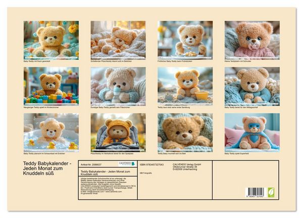 Produktbild: Teddy Babykalender - Jeden Monat zum Knuddeln s&uuml;&szlig; (Wandkalender 2026 DIN A2 quer), CALVENDO Monatskalender
