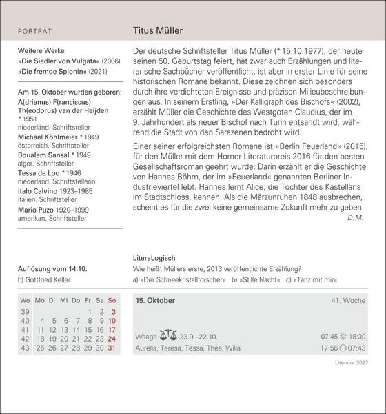 Produktbild: Literatur Tagesabrei&szlig;kalender 2027 - Kulturkalender - Autoren, Werke, H&ouml;rb&uuml;cher