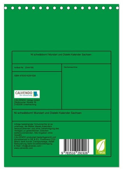 Produktbild: Ni schw&auml;bborn! Mundart und Dialekt Kalender Sachsen (Tischkalender 2026 DIN A5 hoch), CALVENDO Monatskalender