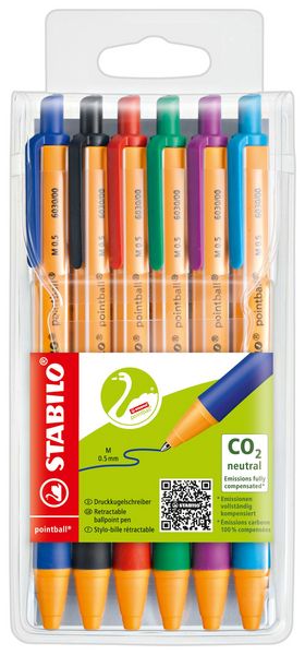 Produktbild: STABILO Druck-Kugelschreiber -   pointball - 6er Pack - mit 6 verschiedenen Farben