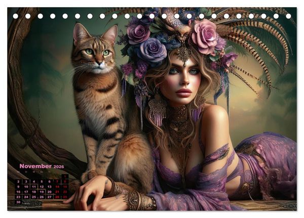 Produktbild: Luxuri&ouml;ser Bohemian Flair - Elegante Frauen mit anmutigen Katzen (Tischkalender 2026 DIN A5 quer), CALVENDO Monatskalender