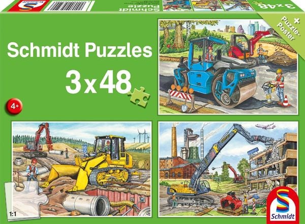 Schmidt Spiele 56520 - Meine liebsten Baustellenfahrzeuge, Kinderpuzzle Standard 3x48 Teile