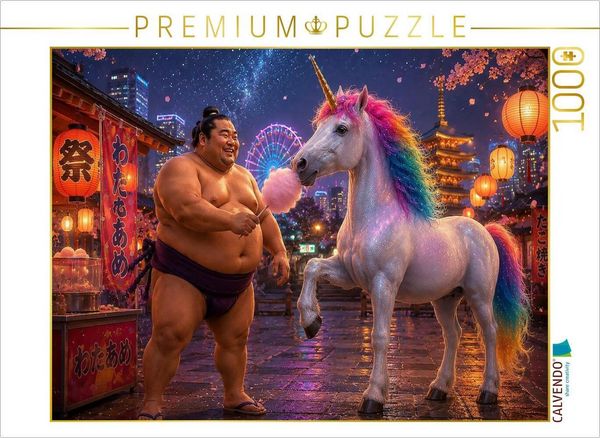 CALVENDO Puzzle Sumoringer und Einhorn auf dem Jahrmarkt | 1000 Teile Lege-Größe 64x48cm Foto-Puzzle für glückliche Stunden