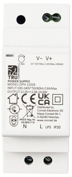 Produktbild: TRU COMPONENTS TC-10580808 Hutschienen-Netzteil (DIN-Rail) 12 V/DC 2 A 24 W Anzahl Ausg&auml;nge:1 x Inhalt 1 St.