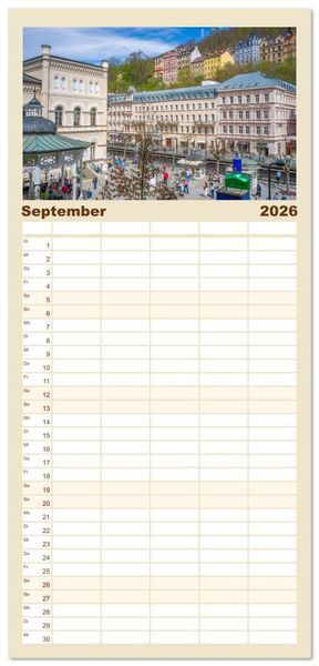 Produktbild: Familienplaner 2026 - Karlsbad / Karlovy Vary - Kleinod im Westb&ouml;hmischen B&auml;derdreieck mit 5 Spalten (Wandkalender, 21 x 45 cm) CALVENDO