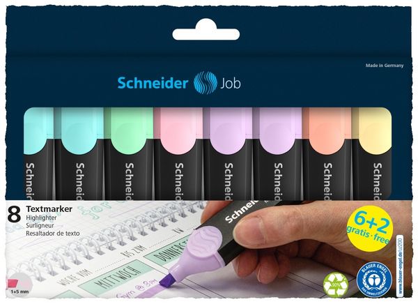 Produktbild: Schneider Textmarker Job Aktion 6+2 Karton-Etui pastell, 8er Set