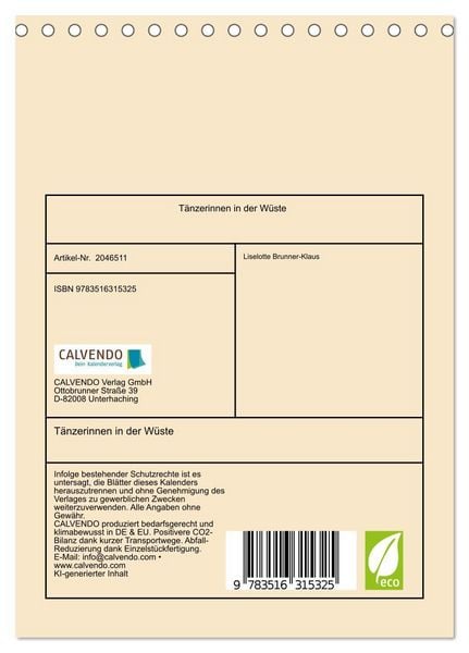 Produktbild: T&auml;nzerinnen in der W&uuml;ste (Tischkalender 2026 DIN A5 hoch), CALVENDO Monatskalender