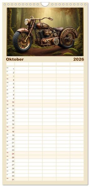 Produktbild: Familienplaner 2026 - Motorr&auml;der im Steampunk-Style mit 5 Spalten (Wandkalender, 21 x 45 cm) CALVENDO