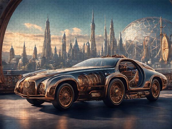 Produktbild: CALVENDO Puzzle Steam-Car vor retrofuturistischer Stadtansicht | 1000 Teile Lege-Gr&ouml;&szlig;e 64x48cm Foto-Puzzle f&uuml;r gl&uuml;ckliche Stunden