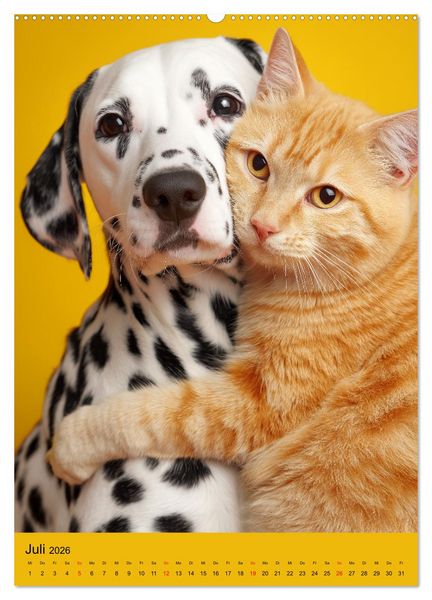 Produktbild: Freundschaftskalender - Katzen und Hunde, beste Freunde in Umarmung (hochwertiger Premium Wandkalender 2026 DIN A2 hoch), Kunstdruck in Hochglanz