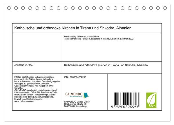 Produktbild: Katholische und orthodoxe Kirchen in Tirana und Shkodra, Albanien (Tischkalender 2027 DIN A5 quer), CALVENDO Monatskalender