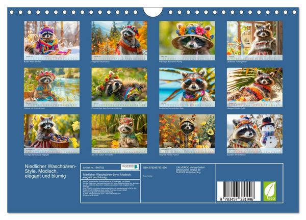 Produktbild: Niedlicher Waschb&auml;ren-Style. Modisch, elegant und blumig (Wandkalender 2026 DIN A4 quer), CALVENDO Monatskalender